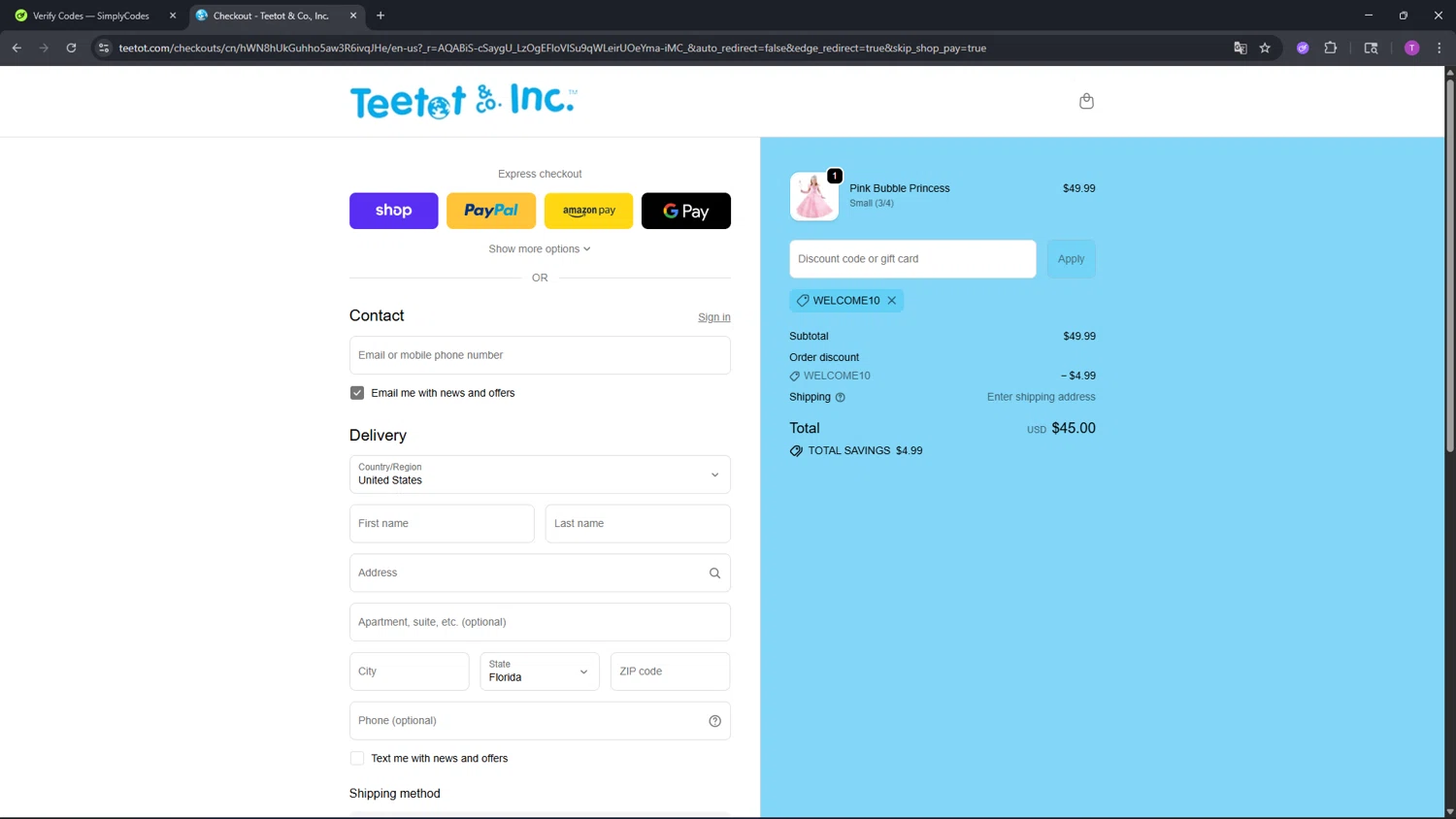 Teetot & Co promo code screenshot showing code WELCOME10 applied at Teetot & Co checkout page. Uploaded by SimplyCodes community member CleverFinder9623 on Feb 12, 2026