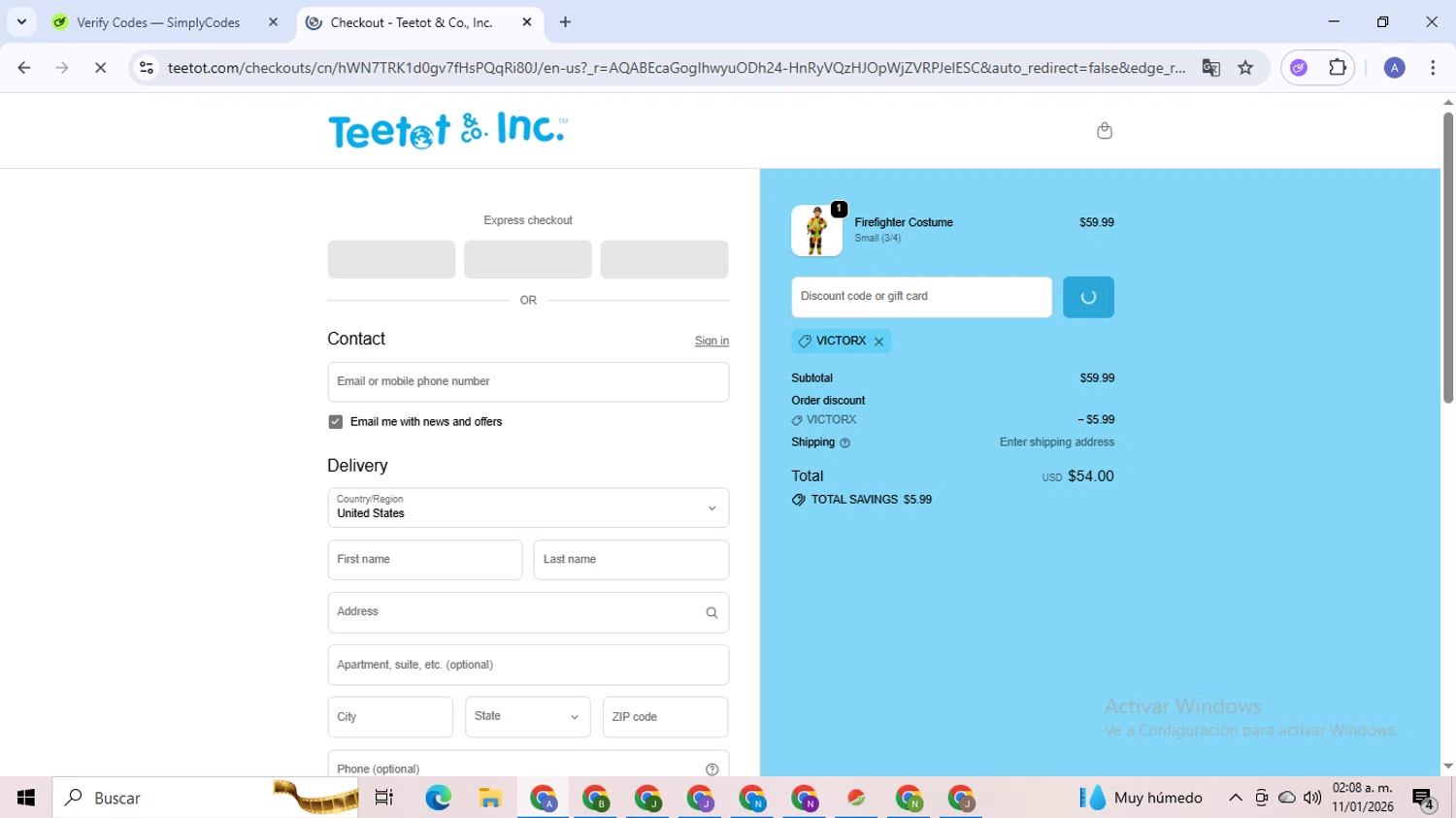 Teetot & Co promo code screenshot showing code VICTORX applied at Teetot & Co checkout page. Uploaded by SimplyCodes community member TreasureCaptain5531 on Jan 11, 2026
