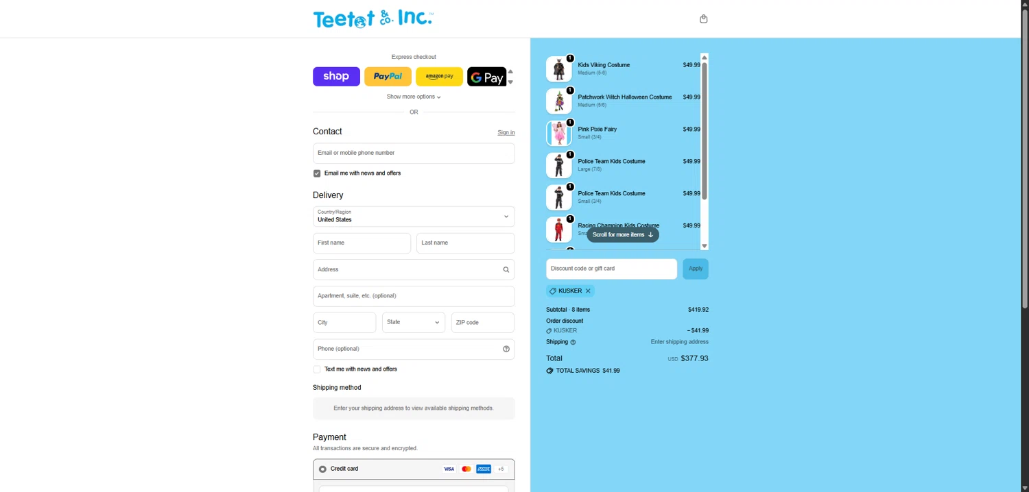Teetot & Co promo code screenshot showing code KUSKER applied at Teetot & Co checkout page. Uploaded by SimplyCodes community member TokenFalcon7462 on Feb 12, 2026