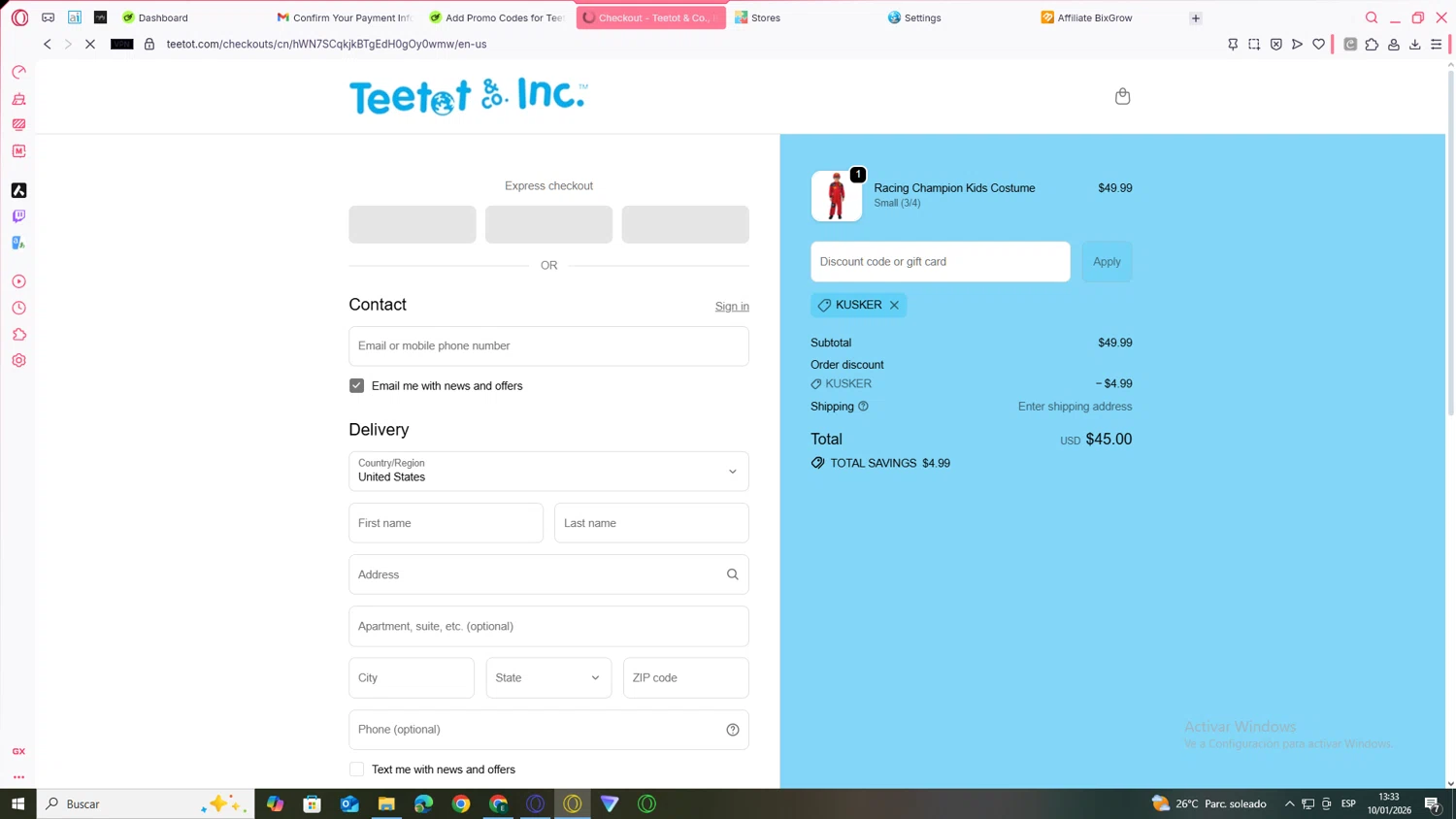 Teetot & Co promo code screenshot showing code KUSKER applied at Teetot & Co checkout page. Uploaded by SimplyCodes community member JEUGENIO on Jan 10, 2026