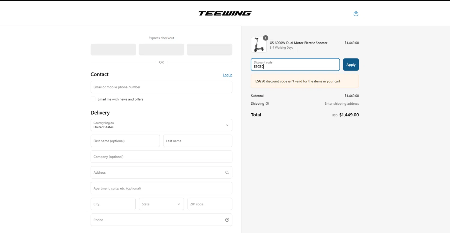 Teewing discount code screenshot showing code ESG50 applied at Teewing checkout page. Uploaded by SimplyCodes community member DealScout769 on Apr 3, 2025