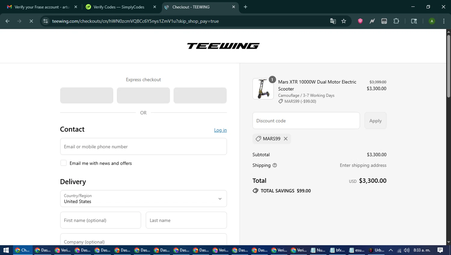 Teewing discount code screenshot showing code Mars99 applied at Teewing checkout page. Uploaded by SimplyCodes community member CashLynx5338 on Jul 24, 2025