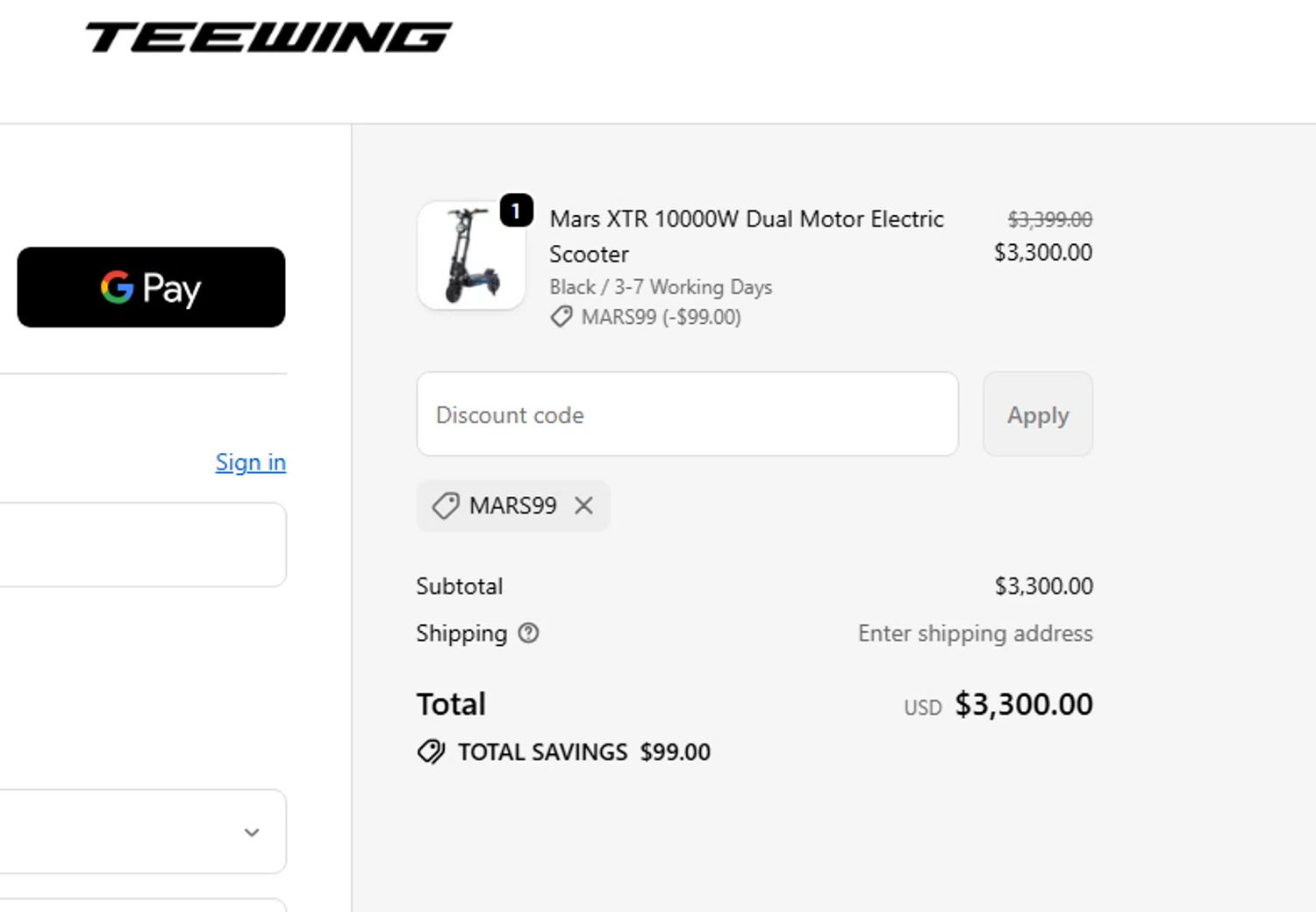 Teewing discount code screenshot showing code Mars99 applied at Teewing checkout page. Uploaded by SimplyCodes community member CouponLion324 on Oct 28, 2025