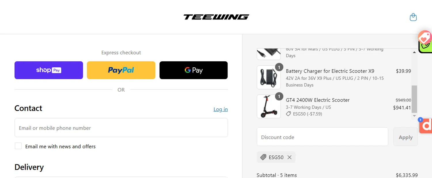 Teewing discount code screenshot showing code ESG50 applied at Teewing checkout page. Uploaded by SimplyCodes community member ESTHER3121 on Apr 3, 2025