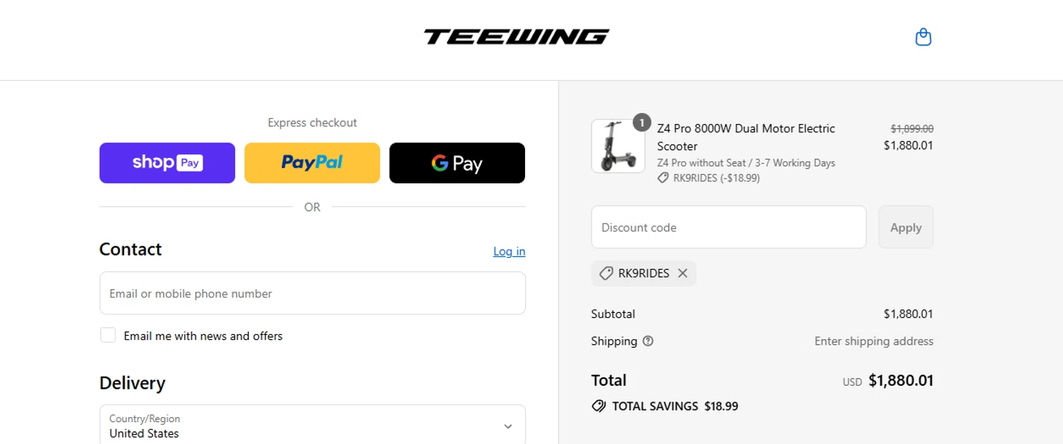 Teewing discount code screenshot showing code RK9RIDES applied at Teewing checkout page. Uploaded by SimplyCodes community member ashe1986 on Aug 27, 2025