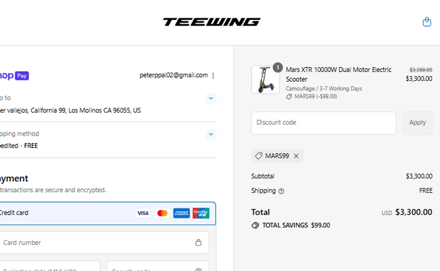 Teewing discount code screenshot showing code Mars99 applied at Teewing checkout page. Uploaded by SimplyCodes community member ricardoramirez1 on Jul 24, 2025