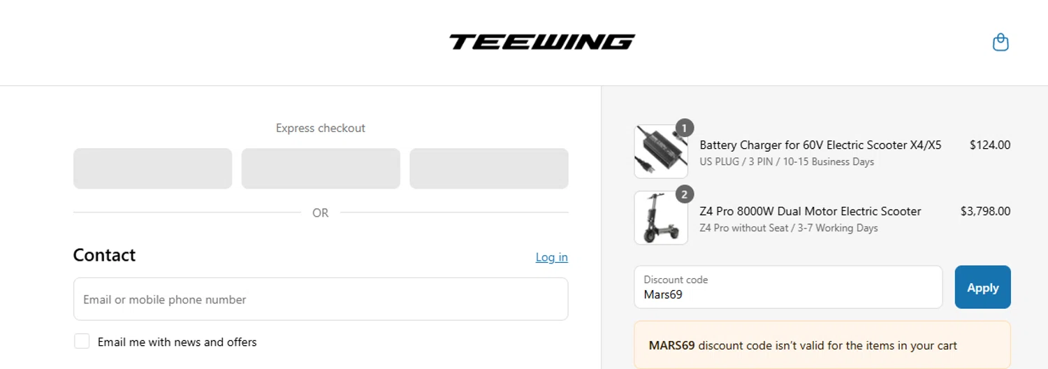 Teewing discount code screenshot showing code Mars69 applied at Teewing checkout page. Uploaded by SimplyCodes community member ashe1986 on Jun 18, 2025