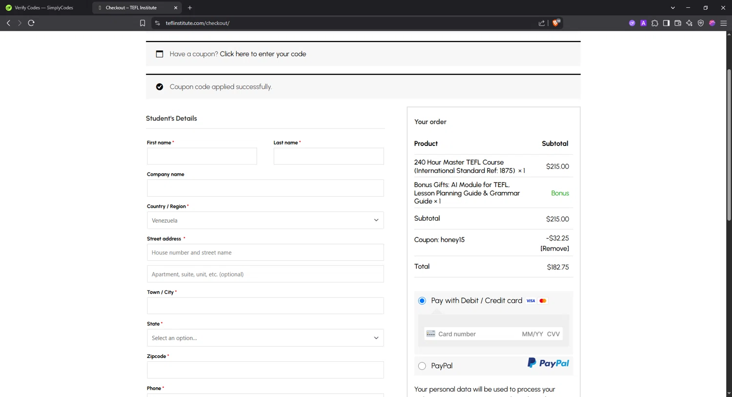 TEFL Institute promo code screenshot showing code HONEY15 applied at TEFL Institute checkout page. Uploaded by SimplyCodes community member Angel14 on May 24, 2025