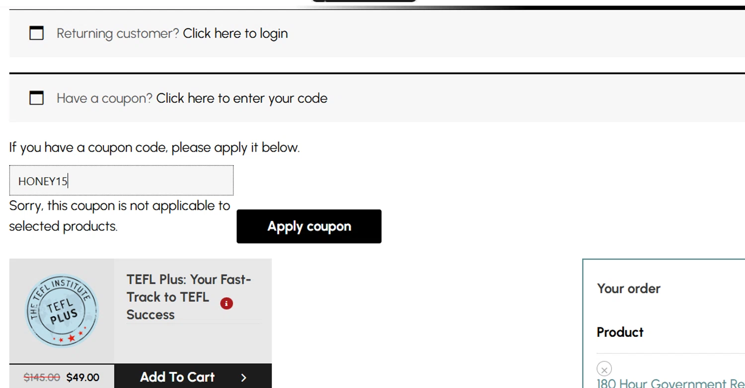 TEFL Institute promo code screenshot showing code HONEY15 applied at TEFL Institute checkout page. Uploaded by SimplyCodes community member ExtraordinaryOwl2235 on Nov 20, 2025