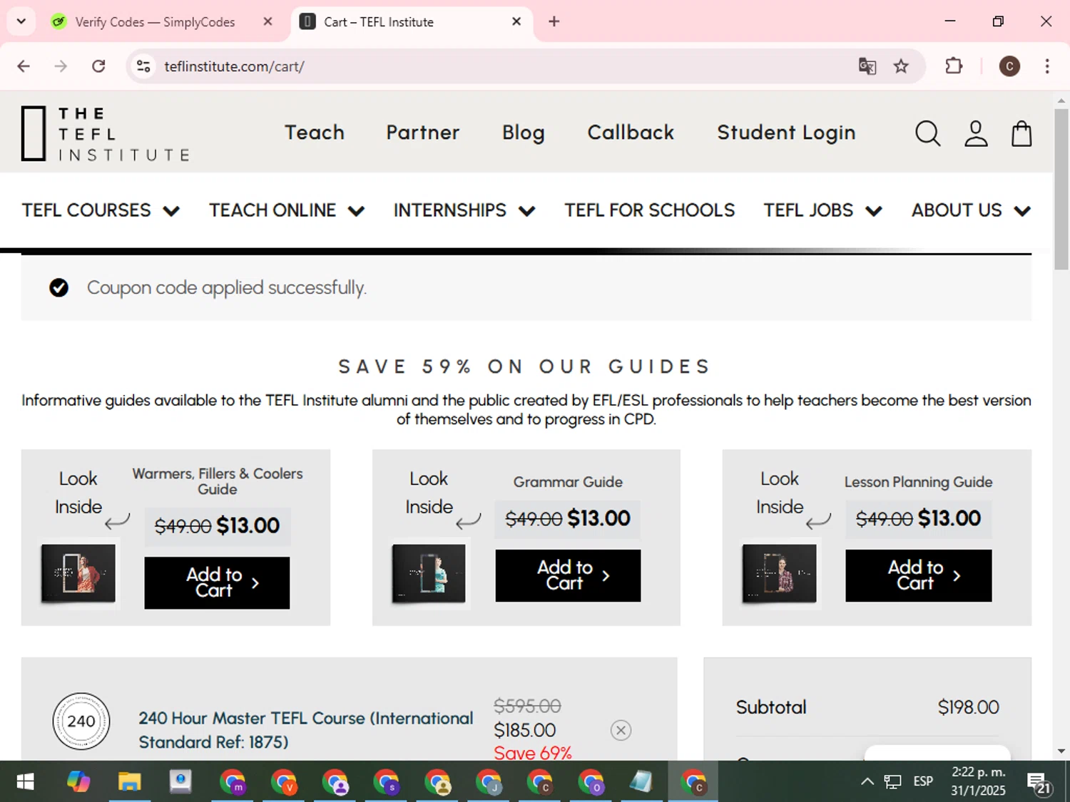 TEFL Institute promo code screenshot showing code HONEY15 applied at TEFL Institute checkout page. Uploaded by SimplyCodes community member WonderCurator7831 on Jan 31, 2025