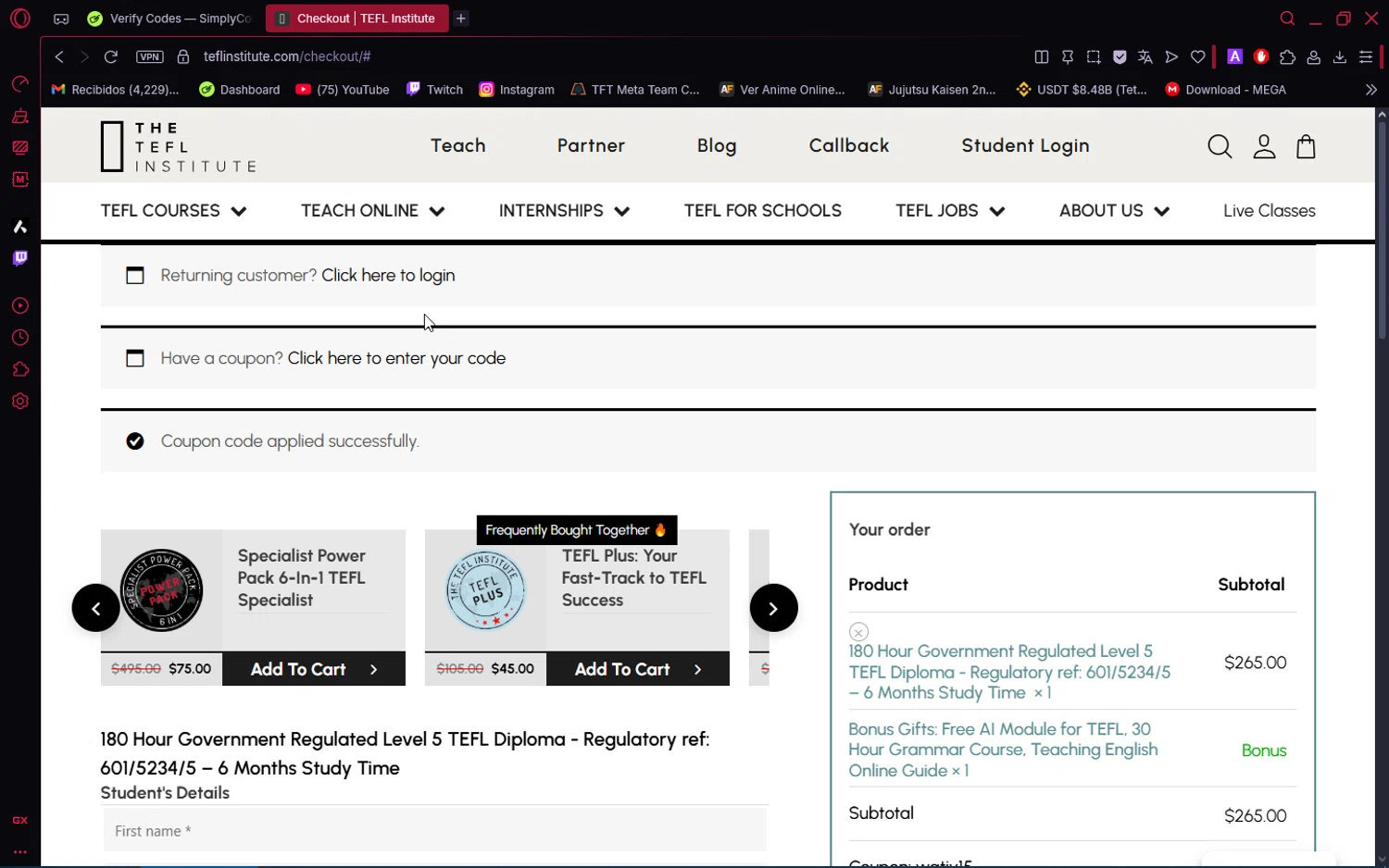 TEFL Institute checkout page showing TEFL Institute promo code box | Screenshot taken by SimplyCodes community member on Dec 15, 2025