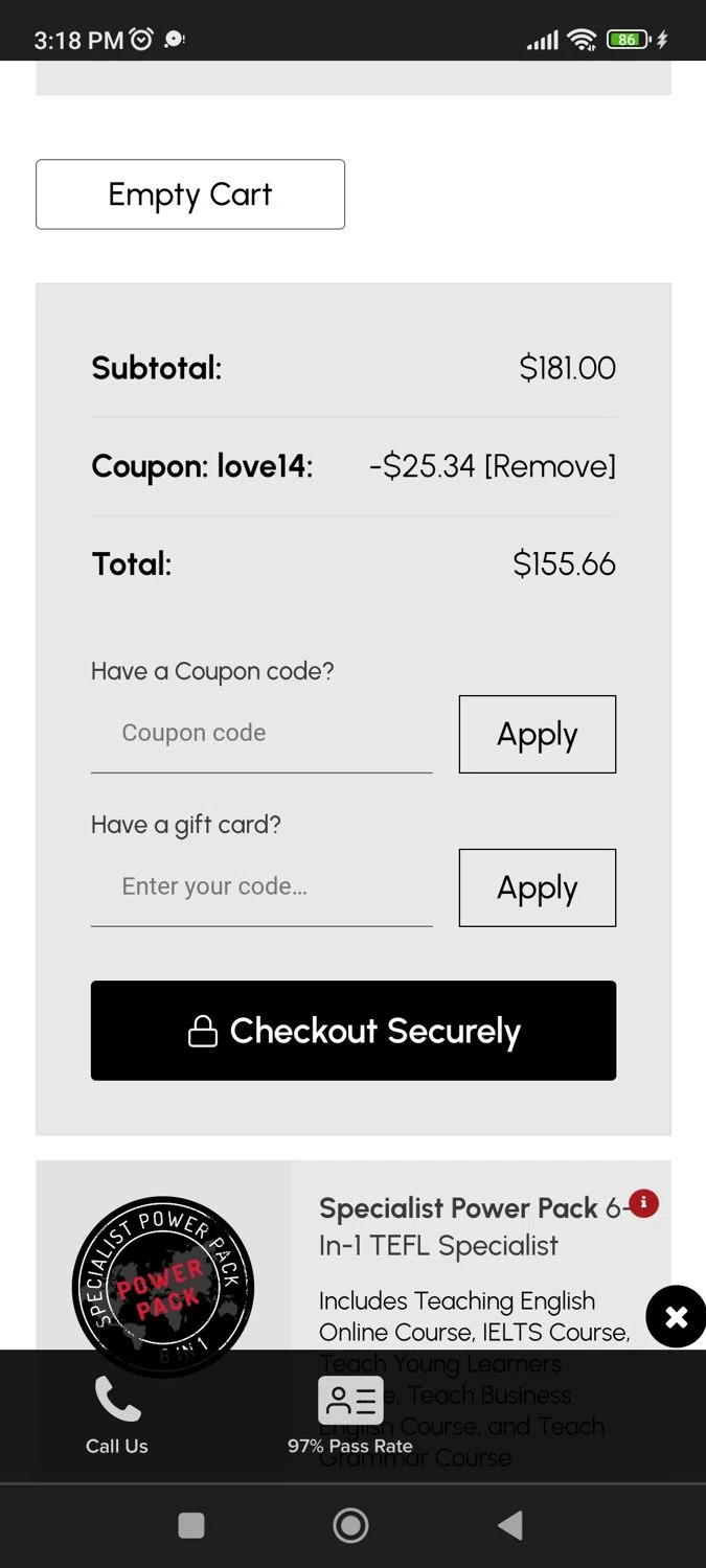 TEFL Institute promo code screenshot showing code LOVE14 applied at TEFL Institute checkout page. Uploaded by SimplyCodes community member BargainPioneer8286 on Jan 31, 2025