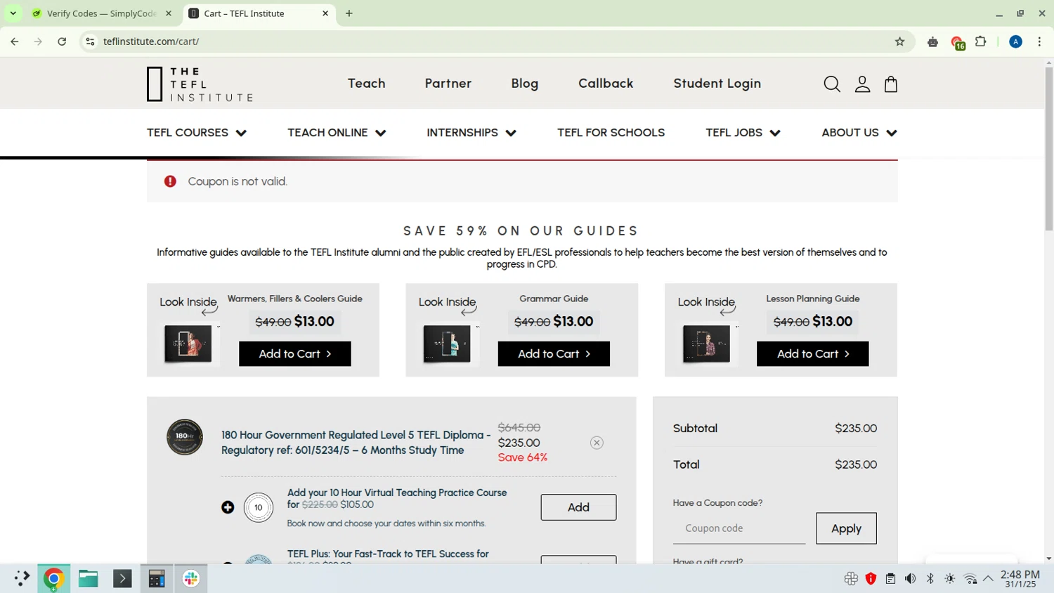 TEFL Institute promo code screenshot showing code LOVE14 applied at TEFL Institute checkout page. Uploaded by SimplyCodes community member RoyalScout4450 on Jan 31, 2025