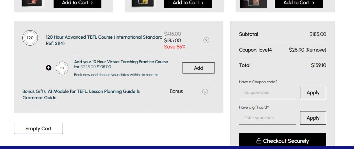 TEFL Institute promo code screenshot showing code LOVE14 applied at TEFL Institute checkout page. Uploaded by SimplyCodes community member BLUEBLASTOISE on May 24, 2025
