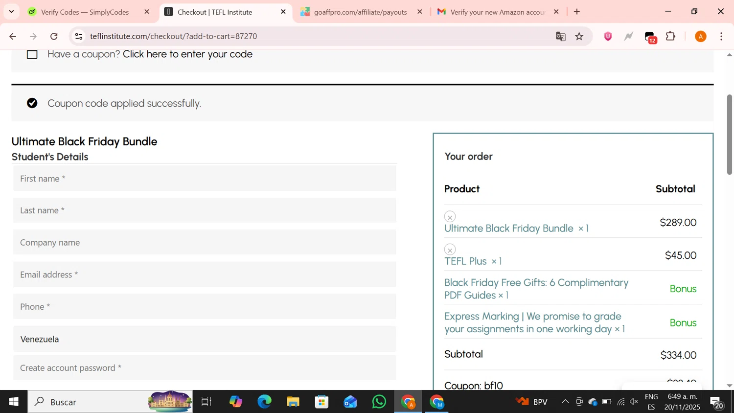 TEFL Institute promo code screenshot showing code BF10 applied at TEFL Institute checkout page. Uploaded by SimplyCodes community member BrilliantPro4121 on Nov 20, 2025