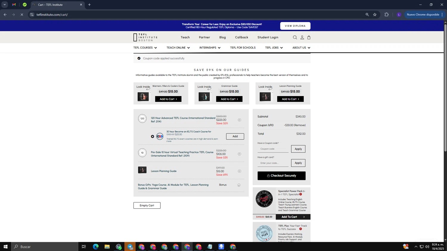 TEFL Institute promo code screenshot showing code BF10 applied at TEFL Institute checkout page. Uploaded by SimplyCodes community member CoinElite8726 on Apr 18, 2025