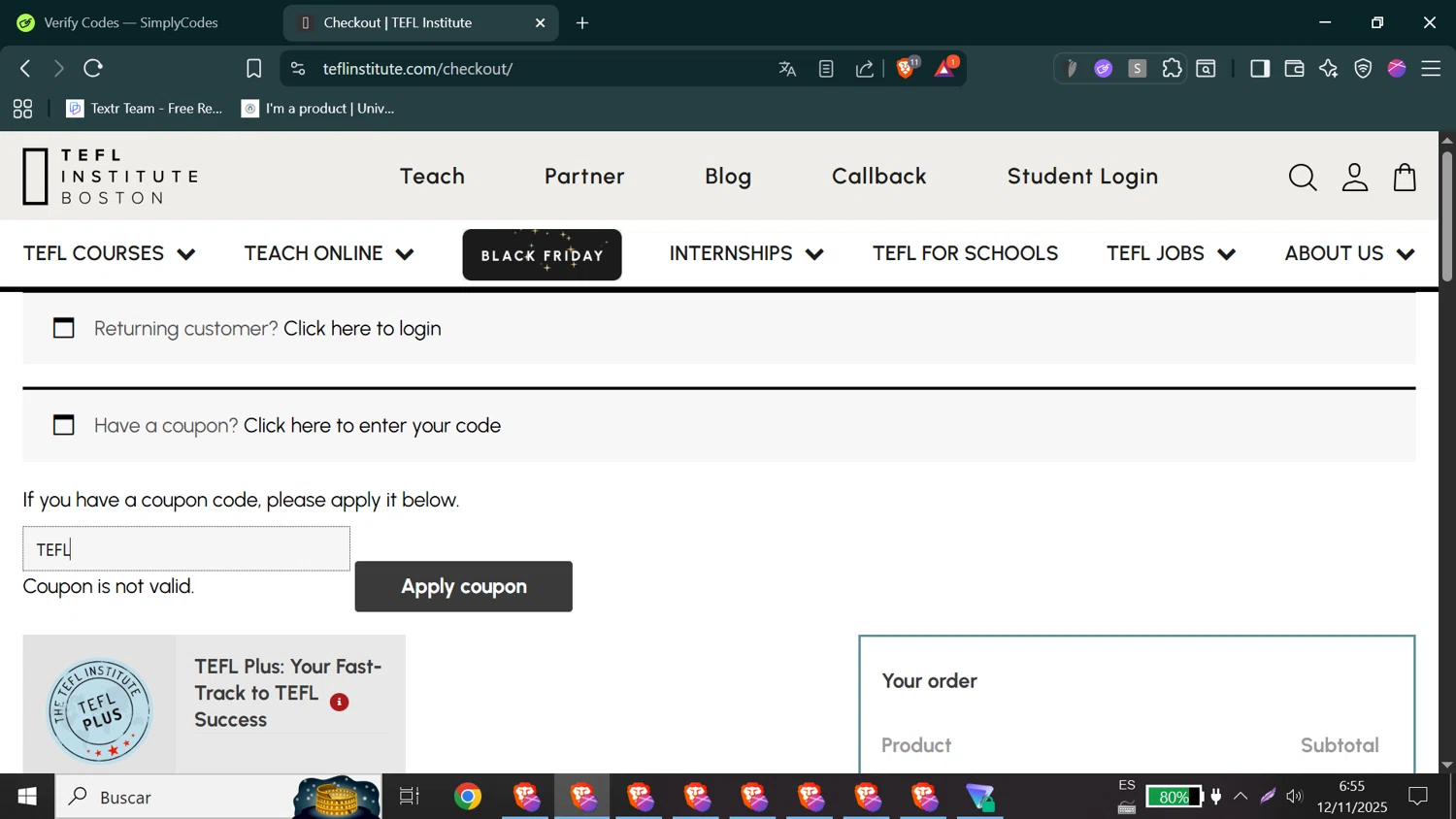 TEFL Institute promo code screenshot showing code TEFL applied at TEFL Institute checkout page. Uploaded by SimplyCodes community member Jeffersontorrealba on Nov 12, 2025