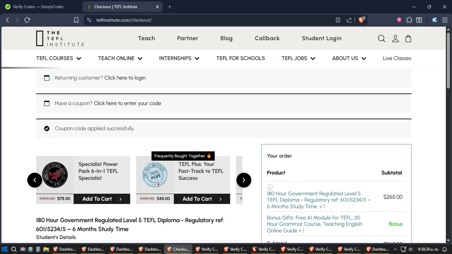 TEFL Institute promo code screenshot showing code TEFL applied at TEFL Institute checkout page. Uploaded by SimplyCodes community member SoulPower on Dec 19, 2025