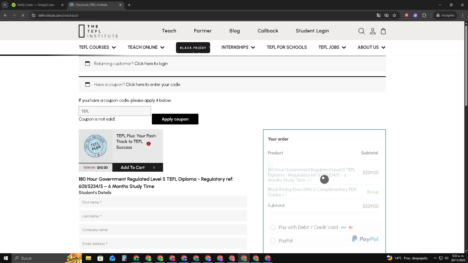 TEFL Institute promo code screenshot showing code TEFL applied at TEFL Institute checkout page. Uploaded by SimplyCodes community member pequenokalvin5 on Nov 20, 2025