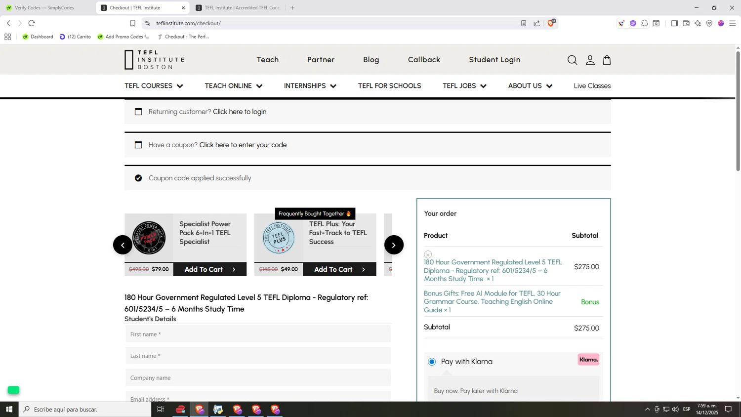 TEFL Institute promo code screenshot showing code LOVETEFL applied at TEFL Institute checkout page. Uploaded by SimplyCodes community member Nezukooo on Dec 14, 2025