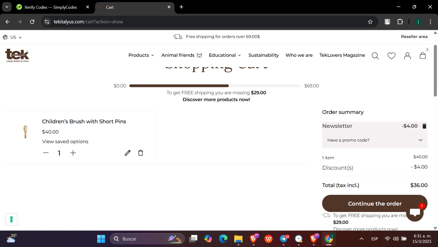 tek-italy promo code screenshot showing code WELCOME10 applied at tek-italy checkout page. Uploaded by SimplyCodes community member hanzell03 on Mar 15, 2025