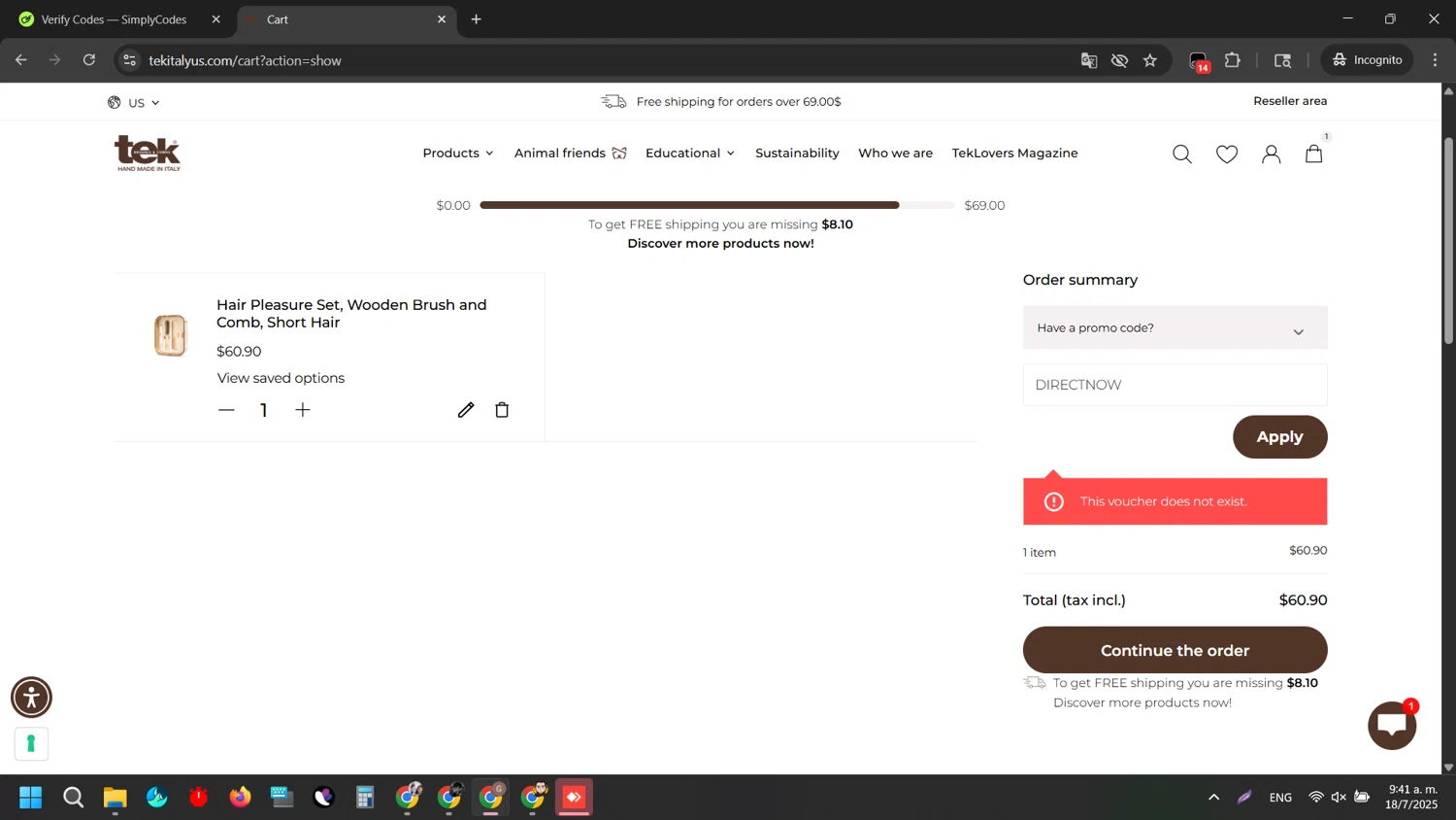 tek-italy promo code screenshot showing code SUMMERTEK20 applied at tek-italy checkout page. Uploaded by SimplyCodes community member EpicTiger3556 on Jul 18, 2025