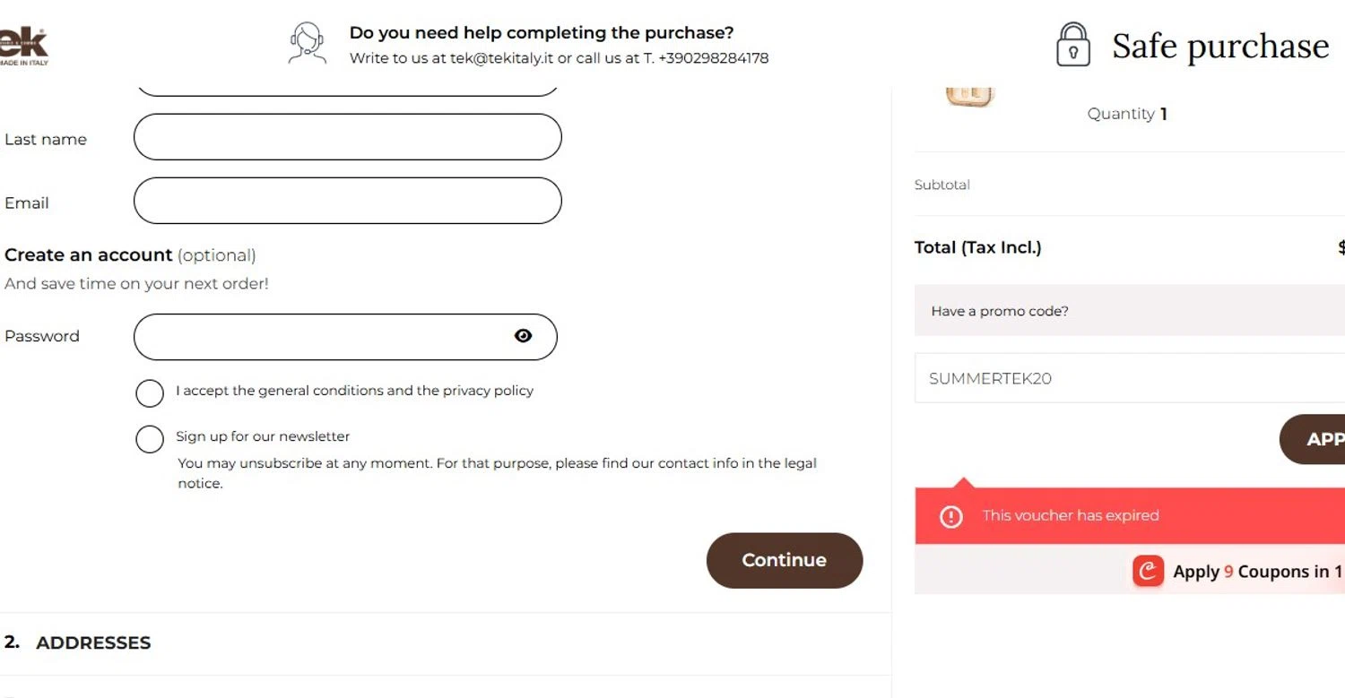 tek-italy promo code screenshot showing code SUMMERTEK20 applied at tek-italy checkout page. Uploaded by SimplyCodes community member Quemiras on Jul 18, 2025
