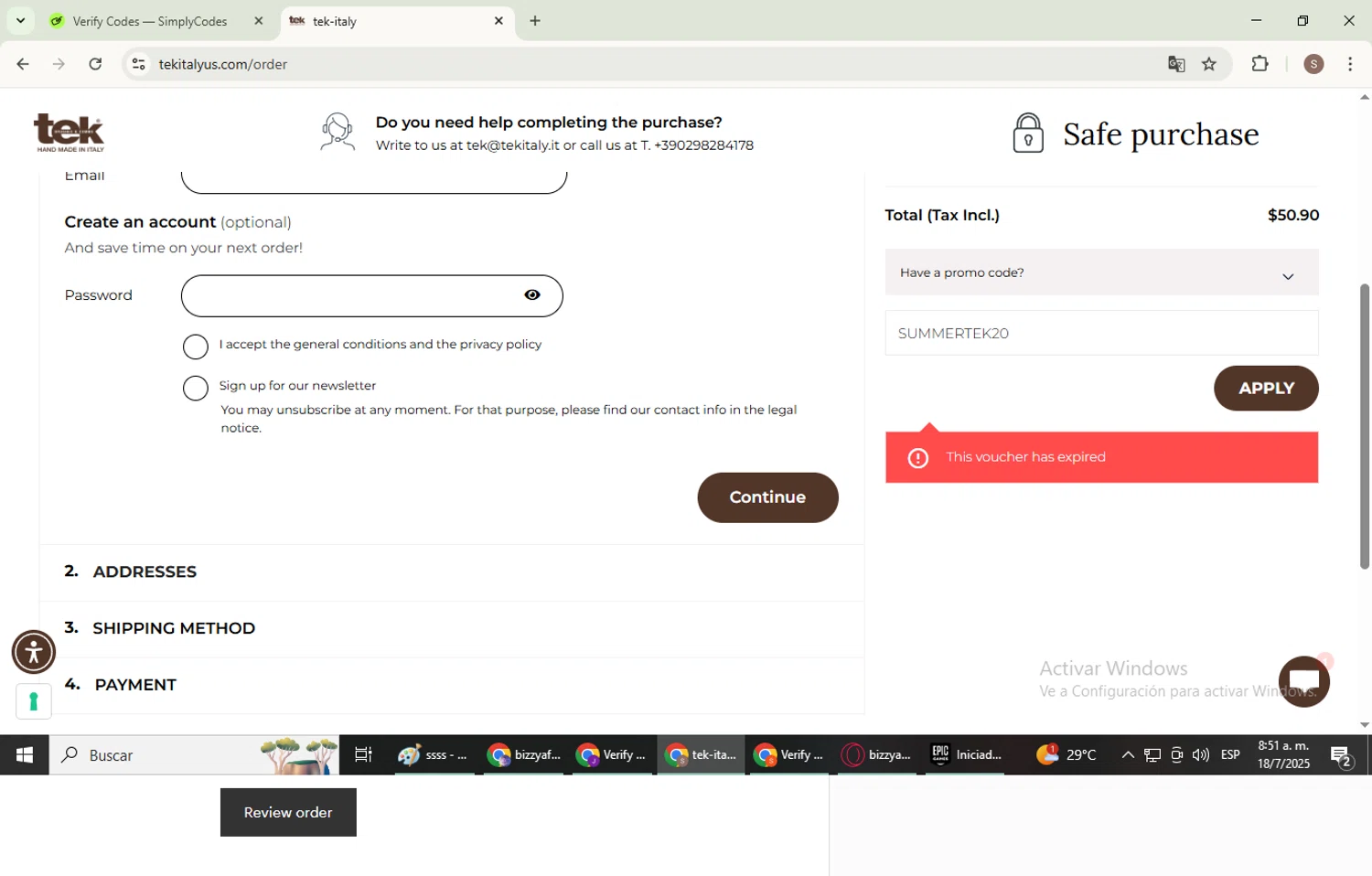 tek-italy promo code screenshot showing code SUMMERTEK20 applied at tek-italy checkout page. Uploaded by SimplyCodes community member WiseExpert2972 on Jul 18, 2025