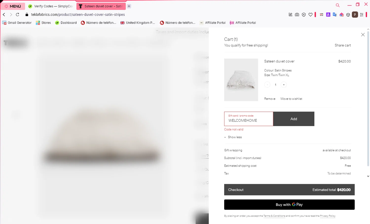 Tekla Fabrics promo code screenshot showing code WELCOMEHOME applied at Tekla Fabrics checkout page. Uploaded by SimplyCodes community member NobleShopper9818 on Mar 12, 2025