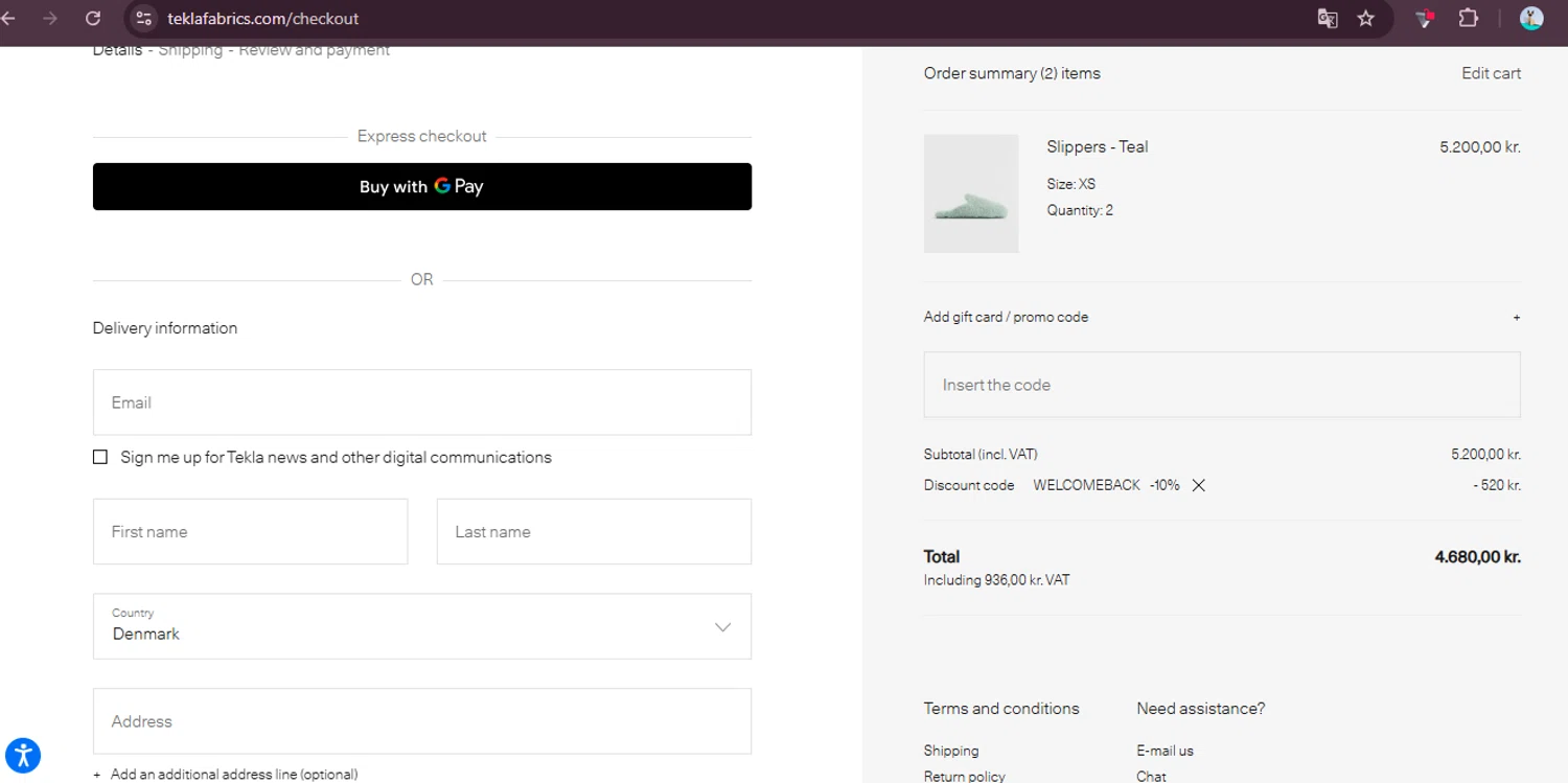 Tekla Fabrics promo code screenshot showing code WELCOMEBACK applied at Tekla Fabrics checkout page. Uploaded by SimplyCodes community member elgatobravo on Nov 4, 2025