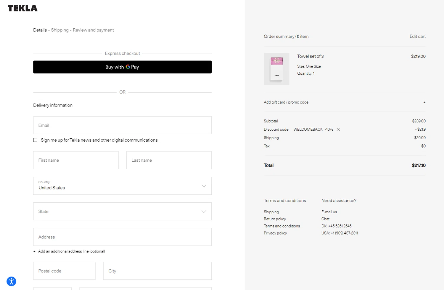Tekla Fabrics checkout page showing Tekla Fabrics promo code box | Screenshot taken by SimplyCodes community member on Jan 13, 2026