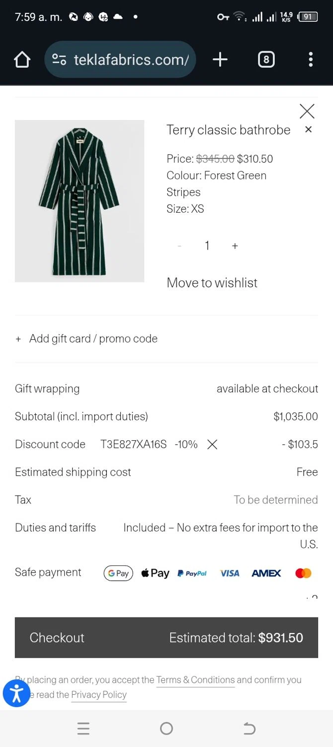 Tekla Fabrics checkout page showing Tekla Fabrics promo code box | Screenshot taken by SimplyCodes community member on Dec 31, 2025