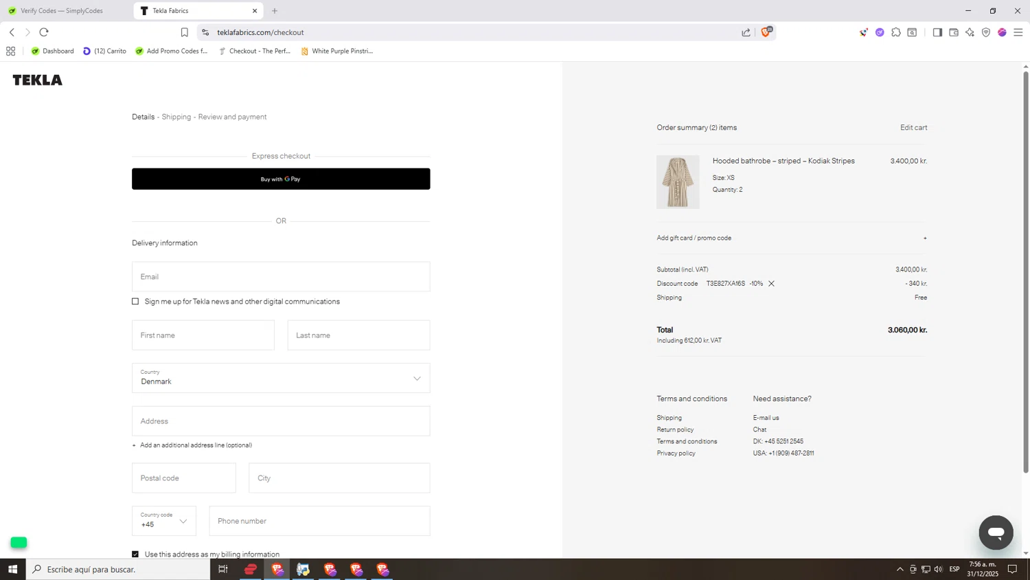 Tekla Fabrics checkout page showing Tekla Fabrics promo code box | Screenshot taken by SimplyCodes community member on Dec 31, 2025
