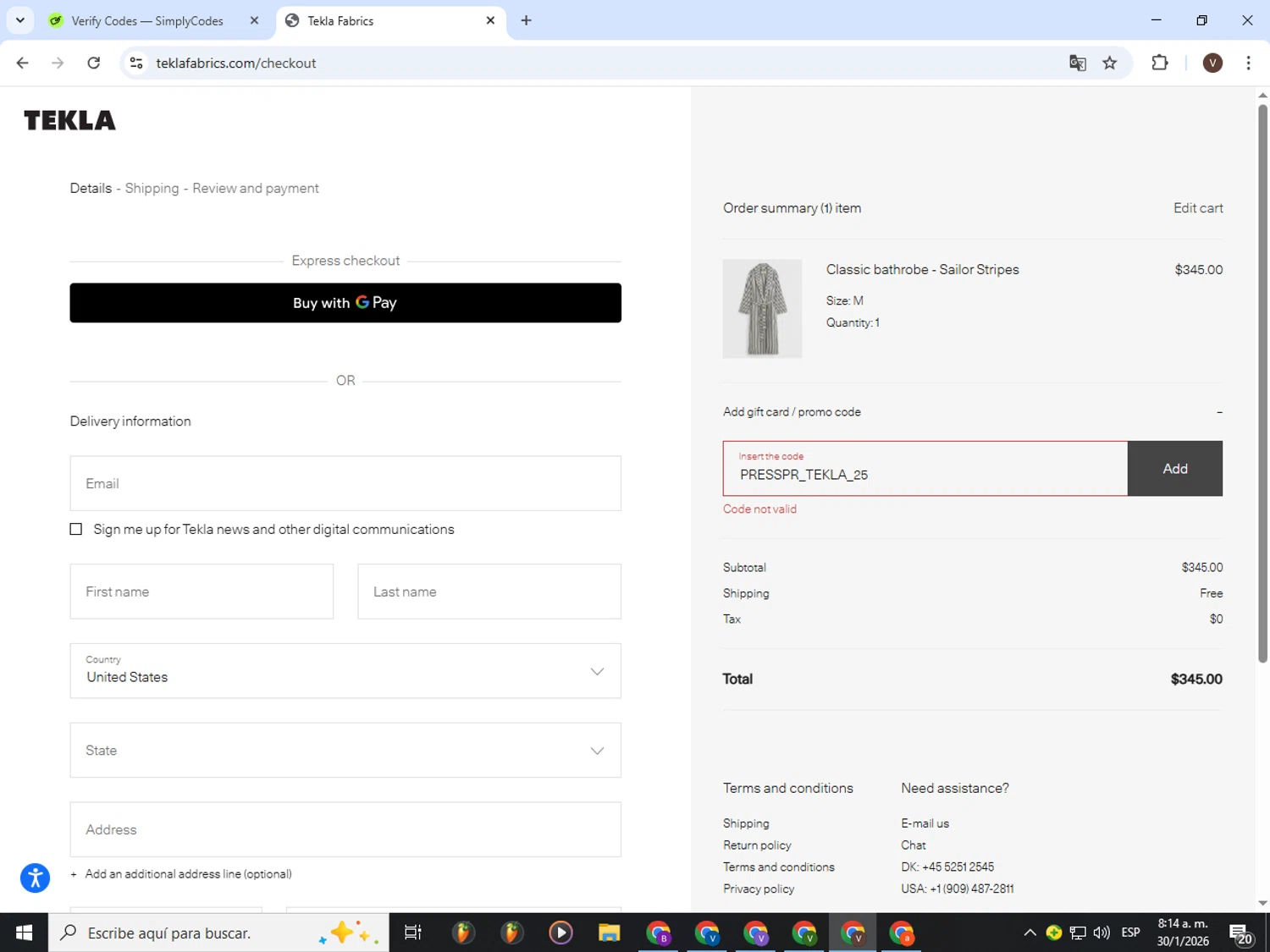 Tekla Fabrics promo code screenshot showing code PRESSPR_TEKLA_25 applied at Tekla Fabrics checkout page. Uploaded by SimplyCodes community member CashLion3448 on Jan 30, 2026