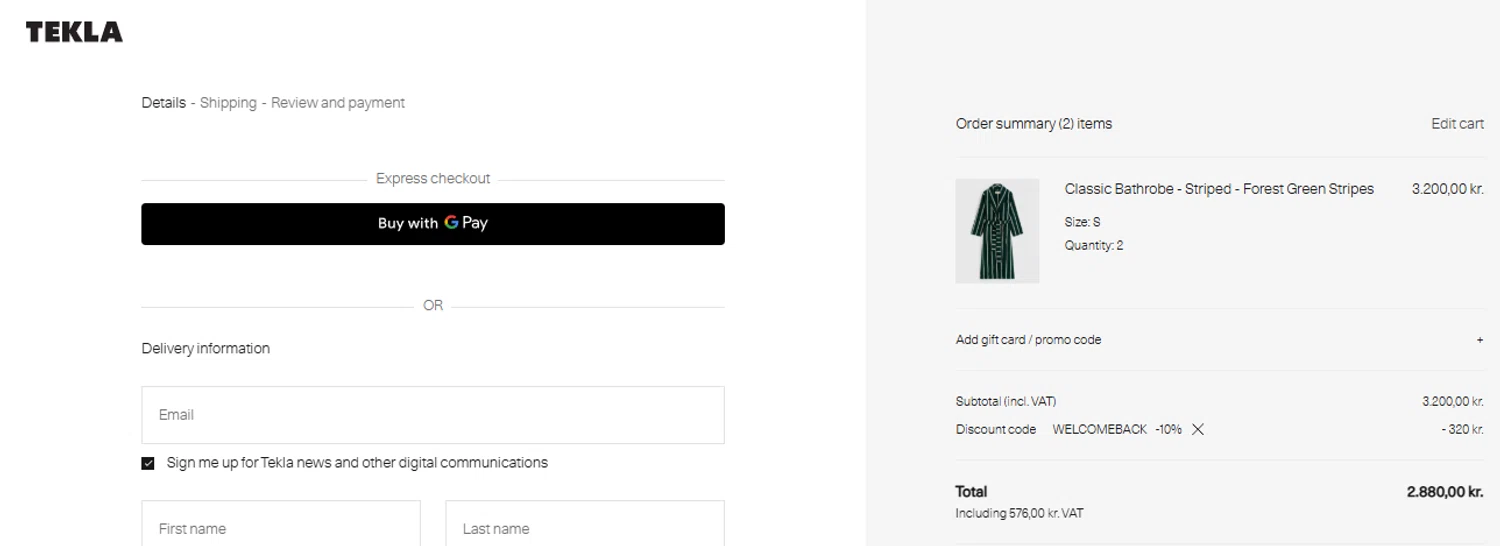 Tekla Fabrics promo code screenshot showing code WELCOMEBACK applied at Tekla Fabrics checkout page. Uploaded by SimplyCodes community member ashe1986 on Oct 6, 2025