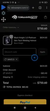 Tekware Welding Store coupon verification screenshot