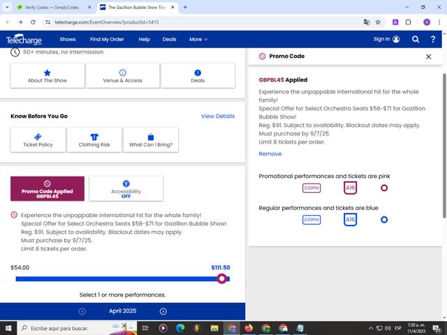 Telecharge.com checkout page showing Telecharge.com promo code box | Screenshot taken by SimplyCodes community member on Apr 11, 2025