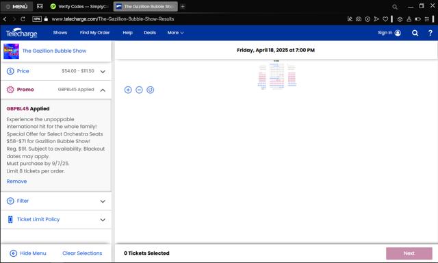 Telecharge.com checkout page showing Telecharge.com promo code box | Screenshot taken by SimplyCodes community member on Apr 11, 2025