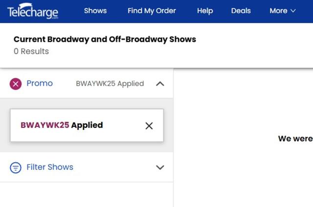 Telecharge.com checkout page showing Telecharge.com promo code box | Screenshot taken by SimplyCodes community member on Apr 11, 2025