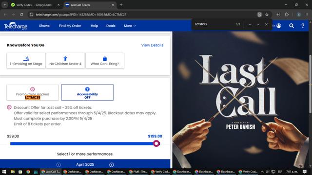Telecharge.com checkout page showing Telecharge.com promo code box | Screenshot taken by SimplyCodes community member on Apr 5, 2025