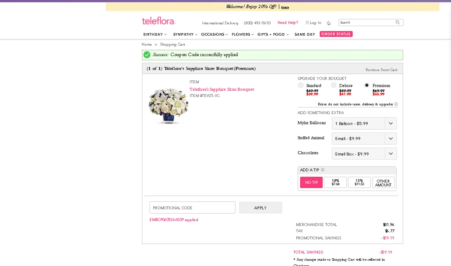 Teleflora promo code screenshot showing code EMBCP060526A20P applied at Teleflora checkout page. Uploaded by SimplyCodes community member beatrizcastillo on Jun 10, 2026