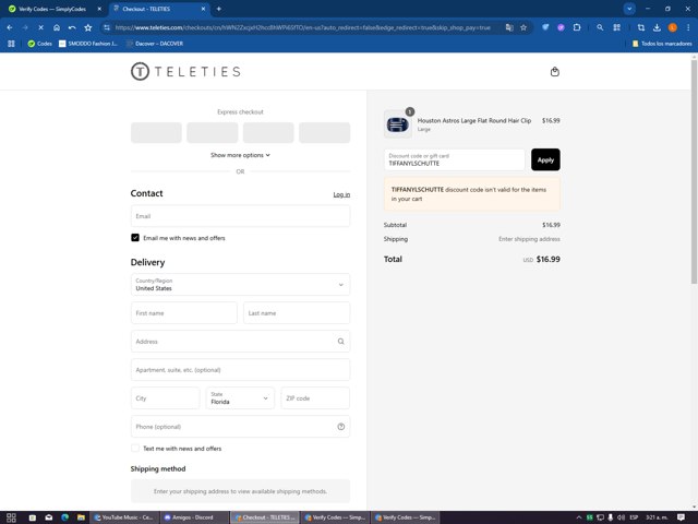Teleties checkout page showing Teleties coupon code box | Screenshot taken by SimplyCodes community member on Sep 4, 2025