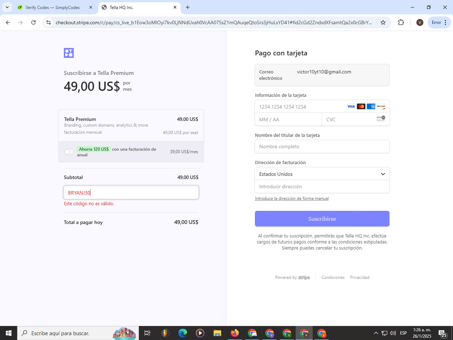 Tella promo code screenshot showing code BRYANJ30 applied at Tella checkout page. Uploaded by SimplyCodes community member CashLion3448 on Jan 26, 2025