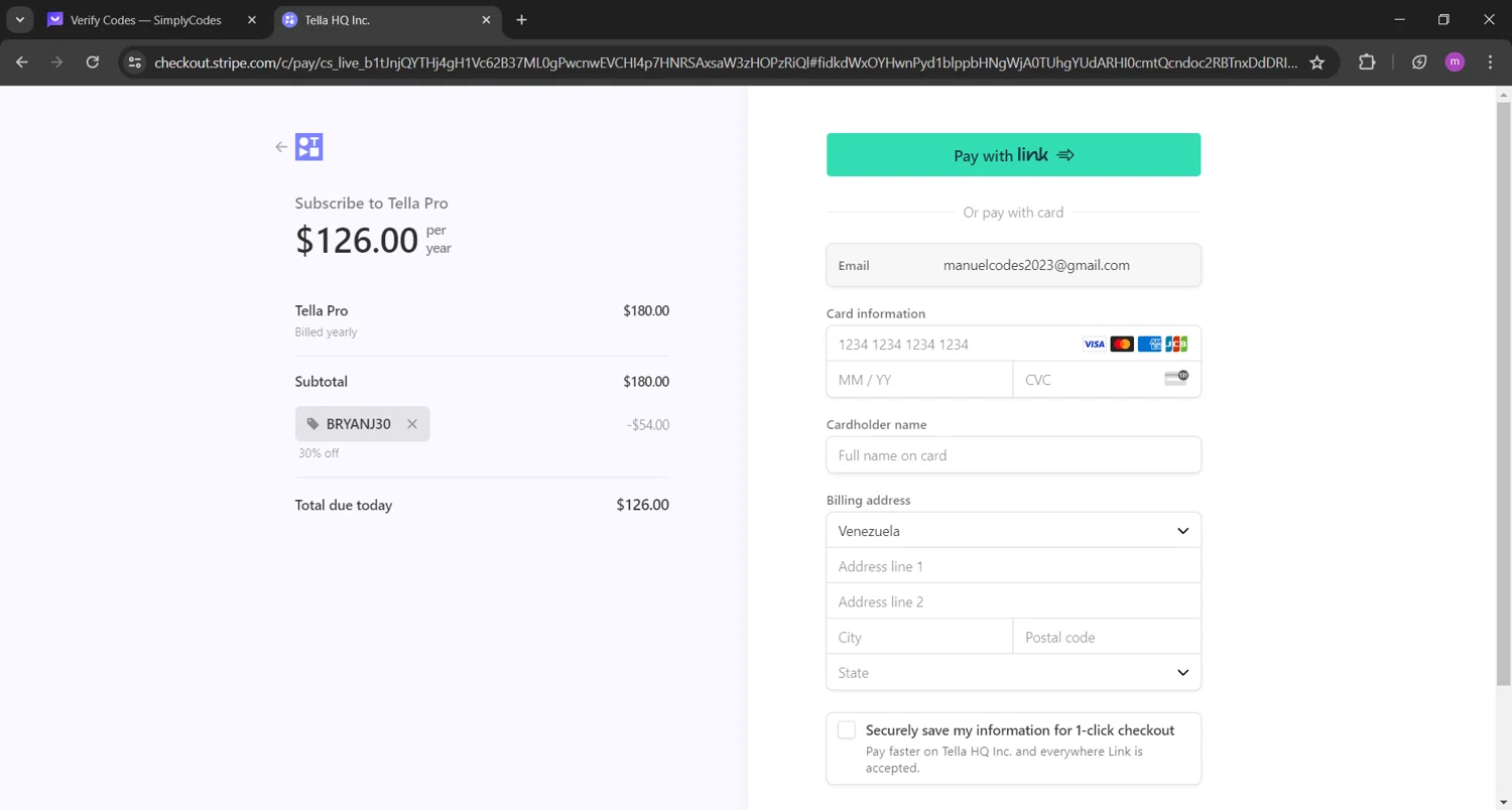Tella checkout page showing Tella promo code box | Screenshot taken by SimplyCodes community member on Apr 5, 2024