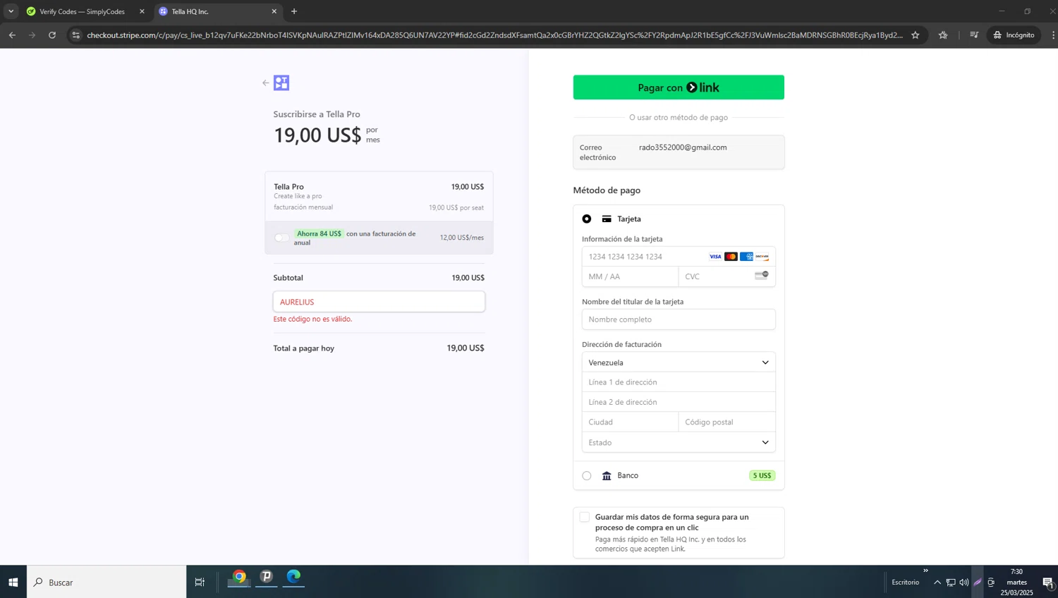 Tella promo code screenshot showing code AURELIUS applied at Tella checkout page. Uploaded by SimplyCodes community member Rado1234 on Mar 25, 2025