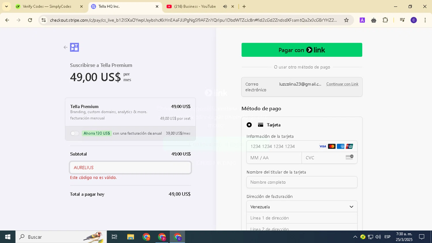 Tella promo code screenshot showing code AURELIUS applied at Tella checkout page. Uploaded by SimplyCodes community member alexanderarnold on Mar 25, 2025
