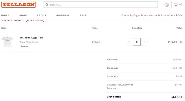 Tellason checkout page showing Tellason coupon code box | Screenshot taken by SimplyCodes community member on Jul 13, 2020