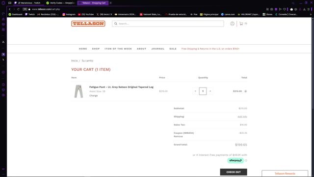 Tellason checkout page showing Tellason coupon code box | Screenshot taken by SimplyCodes community member on Mar 9, 2025
