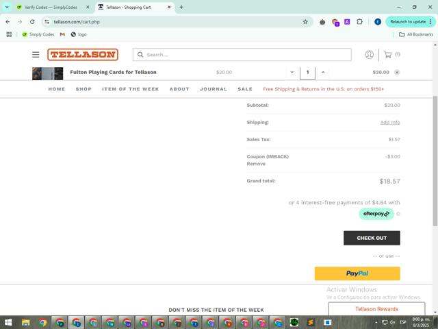 Tellason checkout page showing Tellason coupon code box | Screenshot taken by SimplyCodes community member on Mar 9, 2025