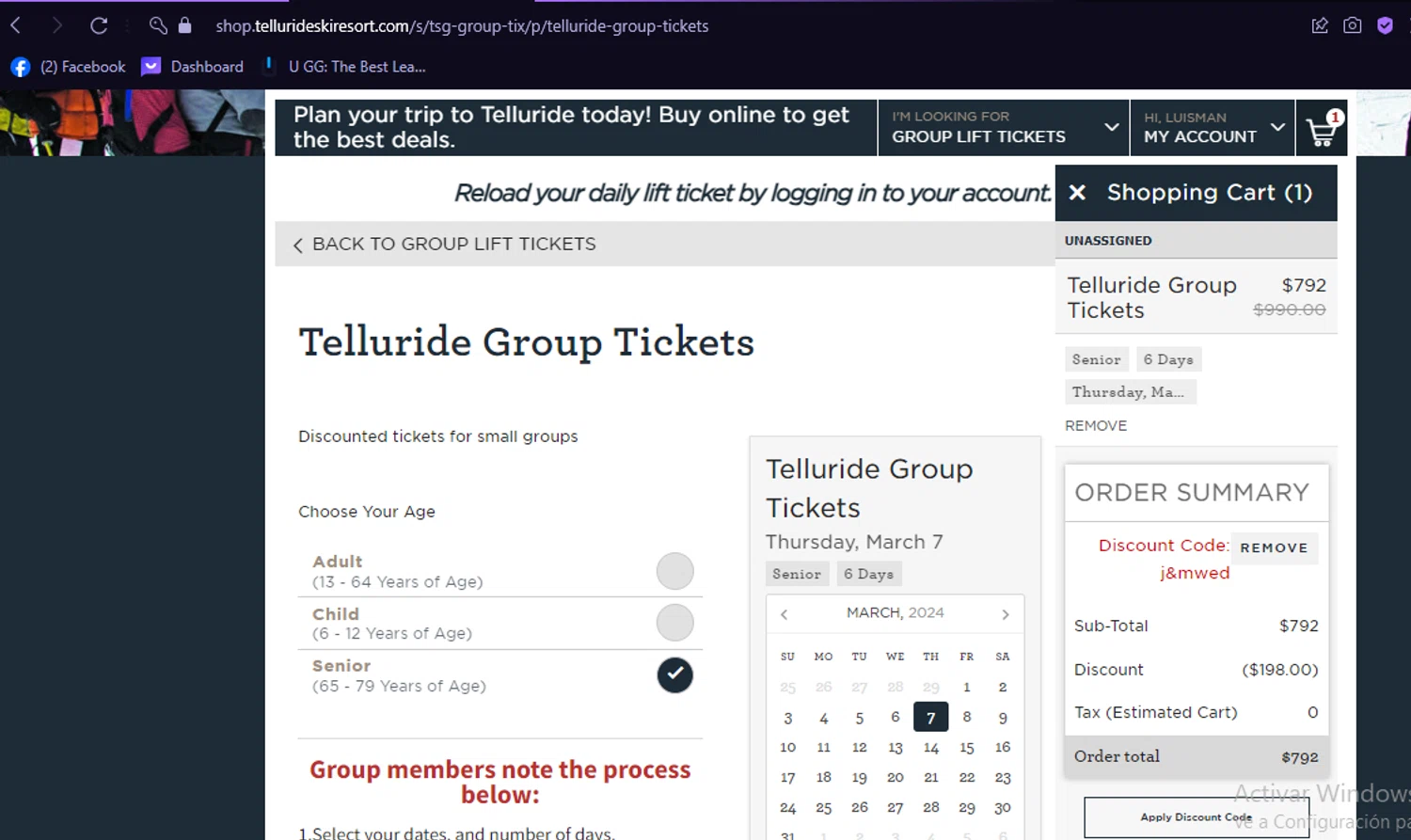 Telluride Ski Resort checkout page showing Telluride Ski Resort discount code box | Screenshot taken by SimplyCodes community member on Feb 29, 2024